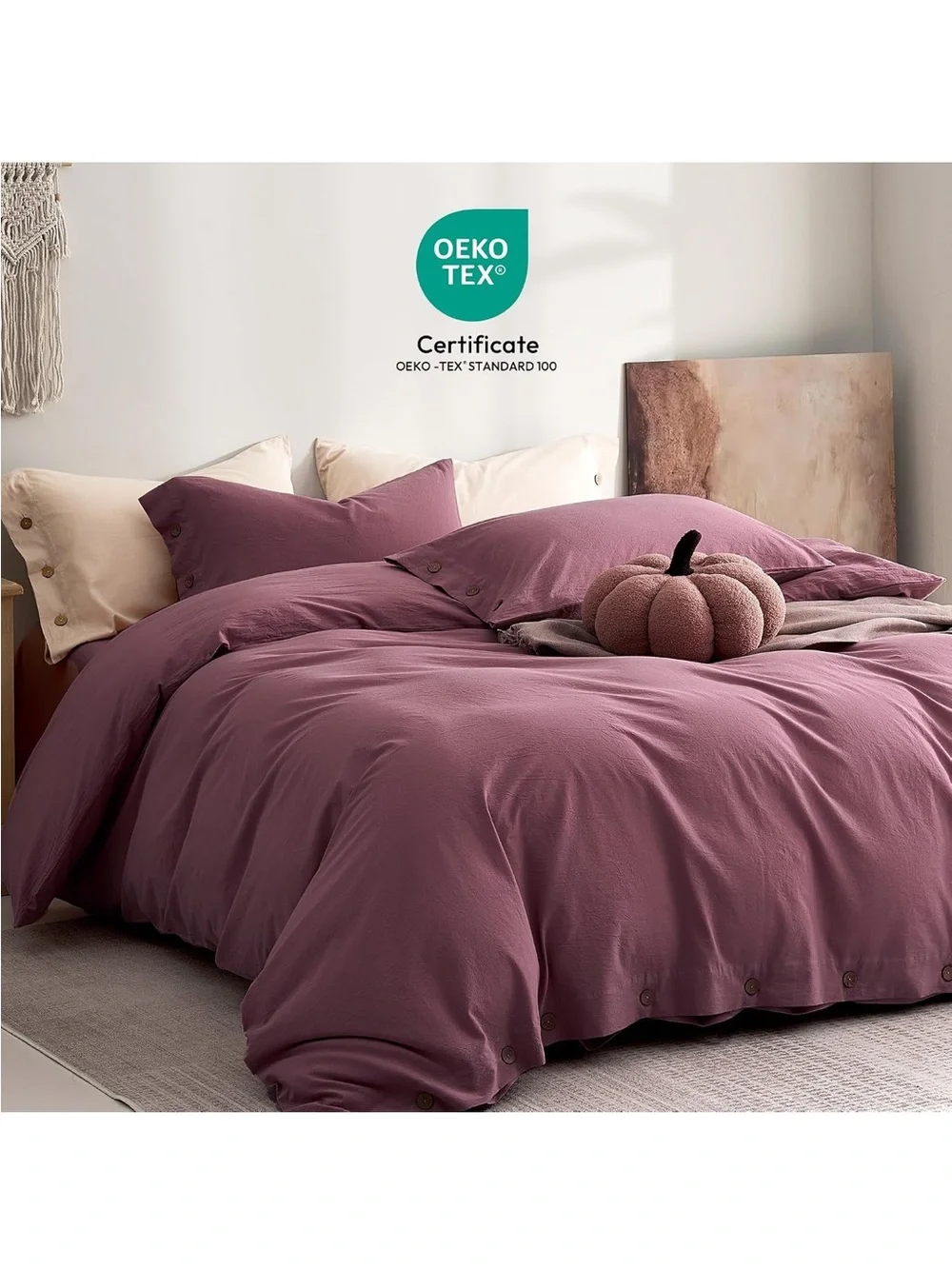NEW JELLYMONI 100% Washed Cotton Deep Rose Duvet Cover Set, Linen-Like. Twin